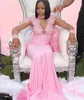 Syrenka 2020 PROM Różowe sukienki długie rękawy iluzja klejnot sheer szyi koronkowa aplikacja z koralikami pociąg czarna dziewczyna formalna suknia wieczorowa