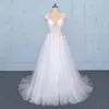 Imagem real Duplo Decote em V A-Linha Vestidos de Noiva 2020 Novos Rendas Roupas de Mariée Vestidos de Novia Partido Vestido De Noiva Vestidos De Casamento