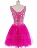 Belle Fuchsia V-cou Pas Cher Robes De Soirée Cristal Perlé Corset Dos Tuyauterie Tulle Robe De Bal Courte Graduation Pageant Soirée