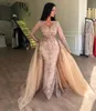 New Long Sleeves Mermaid Prom Dresses Evening Dress V Neck Lace Appliques Sequins Floor Length Overskirts Train Formal Evening Gowns Wear