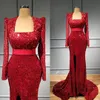 2020 Arabski ASO Ebi Red Sparkly Syrenka Suknie Wieczorowe Długie Rękawy Cekinowe Prom Dresses Tanie Formalne Party Druga Recepcja Gowns ZJ444