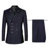 New Real imagem Double Breasted Azul Marinho Do Noivo Do Casamento Smoking Pockets Lapela Groomsmen Mens Jantar Ternos Blazer (Jacket + Pants + Tie) 440