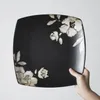 Japanese-style Hand-painted Black Ceramic Plate Dishware Hibiscus Flower Printed Square Bowl Japanese Restaurant Dish Plates Cup Display