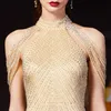 High Neck Front Slit Champagne Evening Dresses Robe Longue Luxury Crystal Sexy Mermaid Prom Dresses7649078