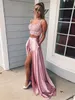 Sexy Square Neckline Lace Top 2 Pieces Prom Dresses with Split Slit Pockets Lace up Satin Long Graduation Dress Evening Party Gowns