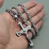 316L Stainless Steel Jesus Christ Cross Pendant Necklace Byzantine Link Chain Silver Men Boys Gift,Necklace Length:24inch,Width:6MM