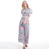 Casual Dresses Summer Autumn Dress 2021 Short Sleeve Long Boho Floral Print Maxi Turtleneck Bandage Elegant Vestido303y