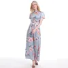 Robes décontractées été automne robe 2021 manches courtes longue boho imprimé floral maxi col roulé bandage élégant vestido2813