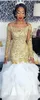 2019 Royal Mermaid Bridal Jurk Kleurrijke Volledige Mouw Ruffles Wit en Gouden Kant Organza Lange Bruidsjurken Custom Made Tiered Transparent