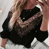 Cysincos 2019 캐주얼 반짝이 lepoard 패치 워크 셔츠 여성 긴 소매 검은 색 티셔츠 femme 느슨한 풀오버 탑 플러스 크기