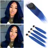 #1B/Blue Ombre Straight Peruvian Human Hair Weaves with Closure 4Bundles Dark Blue Ombre Black Roots Virgin Hair Wefts with 4x4 Lace Closure