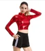 Metallic Lycra spandex gold silver Women Basic Tee Shirt Fashion Turtleneck Long Sleeve Crop Tops Sexy Skinny T Shirts Casual Streetwear