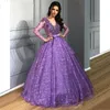 Lila Glitzer Tüll Langarm Ballkleid Ballkleid Spitze Kristall Perlen Bateau Quinceanera Kleid Süße 16 Mädchen formelle Partykleider lang