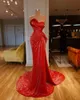 Elegante Afrikaanse rode zeemeermin prom dresses pailletten gedrapeerd ruches vloer lengte Arabische Dubai formele jurk avondjurken gewaad vestidos