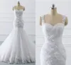 Pleated Spets Applique Pärled Crystal Mermaid Wedding Dresses Plus Size 2023 Spaghetti Straps See Även om spetsbröllopsklänningsmottagning