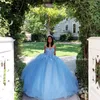 Sky Blue Simple Sexy Lace Quinceanera Prom Dresses Sweetheart Beaded Hand Made Flowers Tulle Evening Party Sweet 16 Dress ZJ306