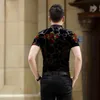 Red Flower Silk Shirt Camisa Social Masculina Transparent Velvet Shirt See Through Sexy Mesh Club Prom Party Outfit