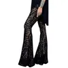 Kvinnors byxor Capris Sexig svart Silver Sequin Glitter Wide Long Long Flare High Waist Party Club Xmas Trousers Outfit Streetwear Bell Pant1