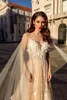 Champagne 2019 Bohemian Wedding Dresses 3D Floral Appliqued Lace Beads Boho Tulle Beach Sexy Sapghetti Neck Wedding Dress Bridal Gowns