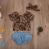 4 sztuk Nowa Moda Baby Girls Ubrania Zestaw 2020 Lato Backless Leopard T-shirt Topy + Denim Shorts Bloomers Headband Bebek Giyim