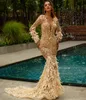 2020 Gold Mermaid Evening Dresses v الرقبة المزعجة ريشة طويلة الأكمام الطويلة ، فستان الحفلة الصلقاء بلا عابرة ، Train Train Part289f