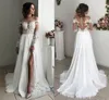 New Plus Size Boho Wedding Dresses Long Sleeves Sheer Neck Appliques Chiffon Side Split Bridal Dresses Sexy Beach Bohemian Wedding Gowns