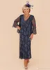 Modest Tea Length Mother of the Bride Dresses Navy Blue Lace Beaded Long Evening Party Gowns Plus Size Formal Wedding