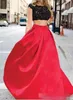 Piece Two Prom Dresses Satin Capped Sleeves Red Black Lace Scalloped Necklline Hollow Back Juniors Graduation Party Gowns