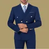 Double-Breasted Blue Groom Tuxedos Peak Revers Mannen Past 2 stuks Bruiloft / Prom / Diner Blazer (Jack + Pants + Tie) W808