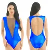 Tiaobug Kvinnor Glänsande Metallisk Mesh Backless Underkläder Ärmlös Högskuren Sexig Bodysuit Nightclub Rave Festival Dance Leotard