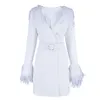 2020 femmes hiver chaud élégant blanc robe midi veste manches longues plumes v-col sexy célébrités soix soir robes vestidos