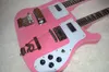 Factory Double Neck Pink Electric Bass and Guitar with 46 StringsWhite PickguardHigh QualityCan be Customized2630330