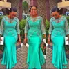 Turquoise Afrikaanse Zeemeermin Avondjurk 2019 Vintage Kant Nigeria Lange Mouwen Prom Jurken Aso Ebi Stijl Avondfeest Gowns279z