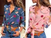 Mode femmes chemises en mousseline de soie motif à rayures florales imprimé grande taille chemisier à manches longues col en V bouton hauts été printemps sexy blouses décontractées