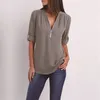 Women Zipper Front T Shirts V Neck Solid Color 3/4 Rolled Sleeve Casual Blouse Tunic T-Shirt Office Blouse Tops