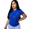 T-shirt quente de verão feminino Tops Tees Nova manga curta casual elástica frisada borboleta decoração em torno do pescoço grande tamanho feminino vestuário s-3xl