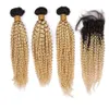 Extensions de cheveux humains brésiliens blonds ombrés avec fermeture en dentelle 4x4 Kinky Curly # 1B / 613 Trames de cheveux vierges ombrés blonds avec fermeture