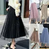 폴카 도트 Pleated Maxi Skirt 2019 가을 새로운 여성 높은 허리 긴 스커트 Preppy 한국어 스타일 여성 메쉬 벨벳 양방향 스커트