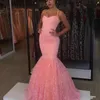 Różowy Spaghetti Mermaid Prom Dresses Koronki Długość podłogi Suknie Saudyjskie Arabia Kobiety Koktajl Formalna Dress Custom