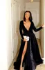 Black Veet Deep V Neck Evening Dresses 2019 Side Split Sleeves Prom Dress Long Plain Sexy Pleats Tail Party Gowns M101 0510