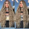 Ombre Blonde Brązowe Korzenie włosów Peruka Długa Naturalna Wave Syntetyczna Koronka Przednia Peruka Dla Kobiet Odporna na Włókna Włókna Naturalna Koronkowa Peruka Codzienne Peruki