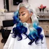 Högtemperaturfiber Glueless Brasilianskt hår Peruca Lång kroppsvåg Vit Grå Ombre Blå Syntetisk Lace Front Wig För Kvinnor