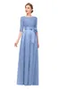 Niebieski koronki satynowe skromne sukienki druhna z pół rękawami klejnot szyja Długość podłogi w kraju Western Modest Maids of Honor Dress