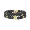 Ny Classic Lion Beaded Armband Bangle Wholesale Guld Rostfritt Stålrör med 8mm Naturlig Lave Stone Pärlor Män CZ Crown Armband Smycken