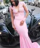 Mermaid 2020 Prom Pink Dresses Long Sleeves Illusion Jewel Sheer Neck Lace Applique Beaded Sweep Train Black Girl Formal Evening Gown