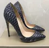 Hot Sale- Dam Skor Pumps Silver-grå Färgad Serpentine Läder Högklackat, Sexiga spetsiga tår Tunna klackskor Sandaler Dam Klänning Skor