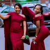 Burgundy African Bridesmaid Dresses Long Wrap 2021 One Shoulder Maid Of Honor Gowns Plus Size Satin Mermaid Wedding Guest Dress AL6365