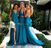 Two Piece Teal Blue Bridesmaid Dresses V Neck Satin Floor Length Summer Bridesmaid Gowns Sexy Wedding Party Dresses Sweep Train