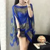 Women Blouses Summer Top Slash Neck Irregular Hollow Out Casual Chiffon Shirt Beachwear Cover up Loose Printing Sun-proof