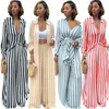 Women Casual Two Pieces Sets Long Sleeve Striped Blouse and Elastic Waist Wide Leg Pants Tracksuit Femme 2 Pieces Outfits